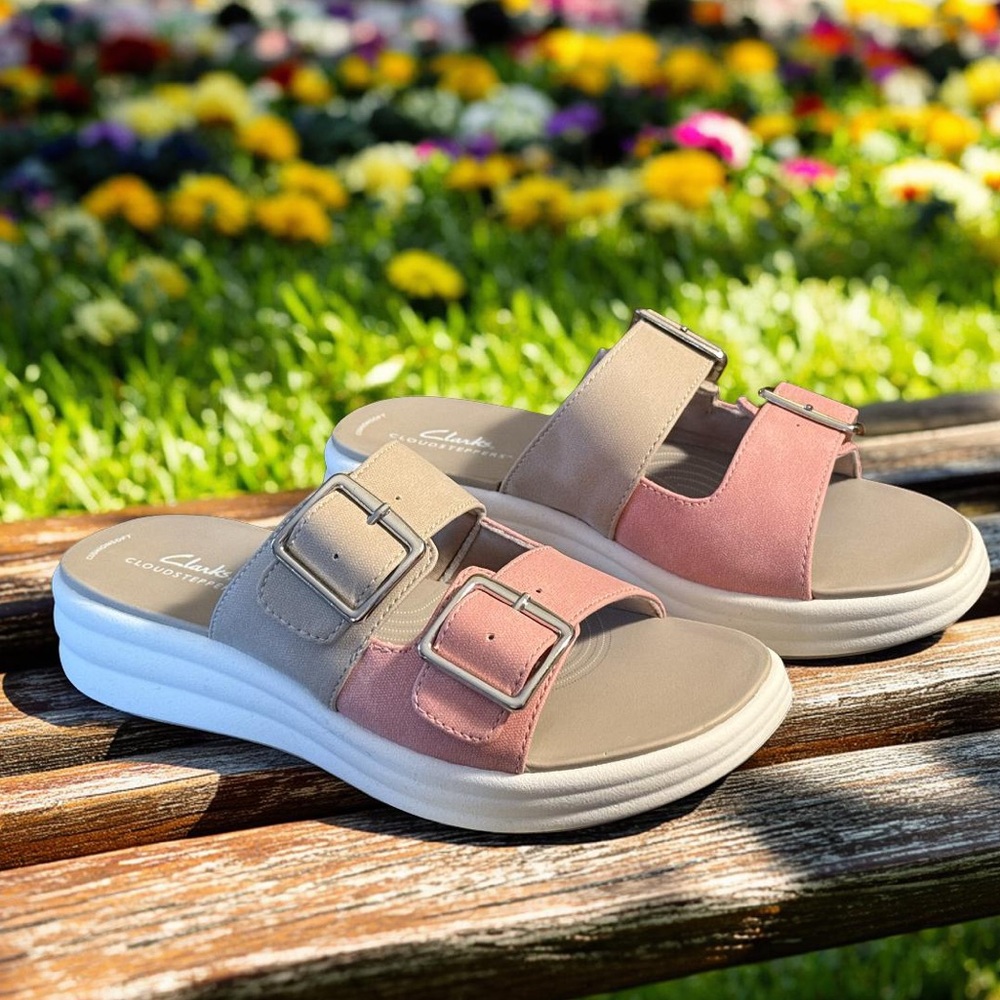 Clarks NWT Sz 8M Cute Pink & Tan Buckle Cushioned Wedge Sandals (SH248)